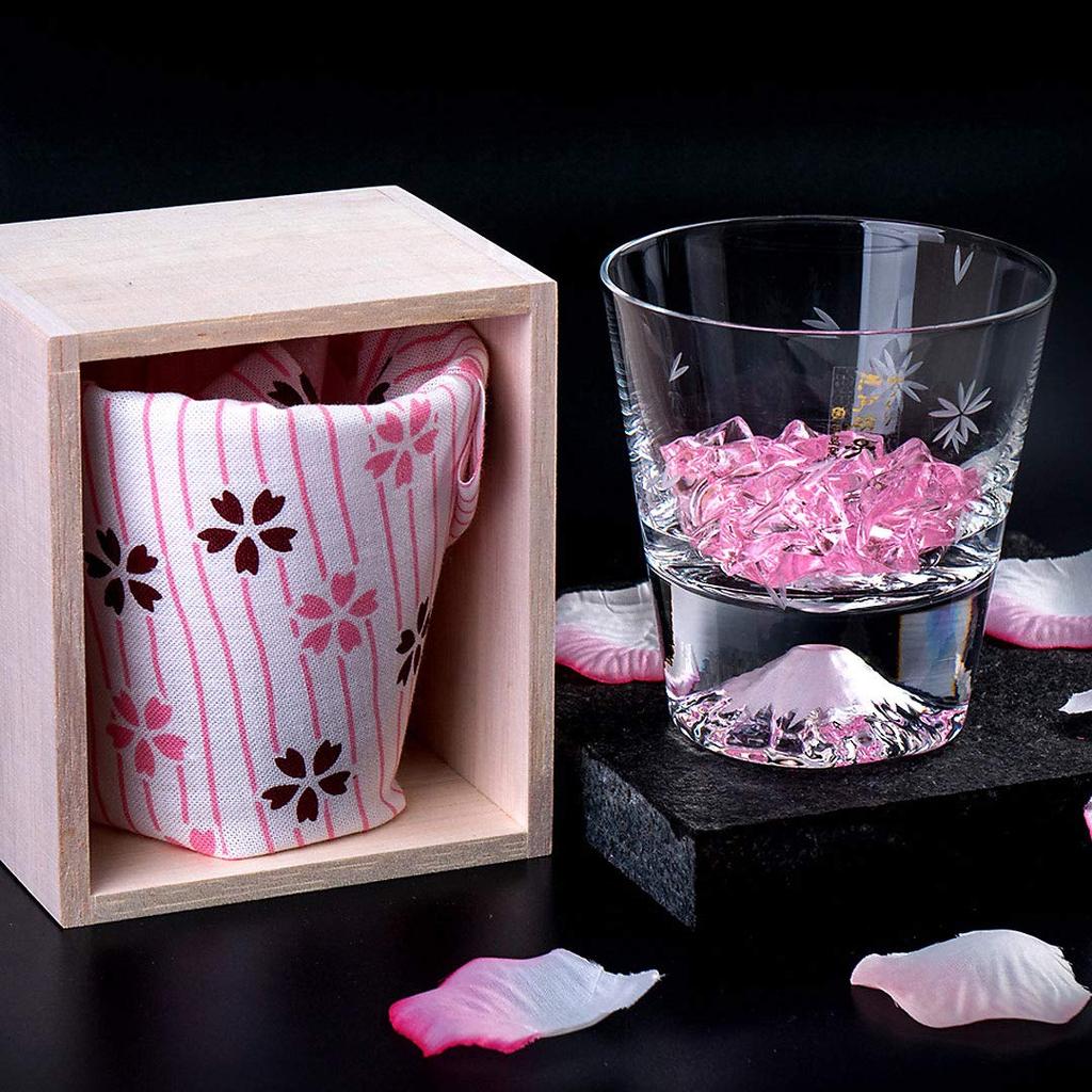 Fuji Fuji Pair Set of 2 Fuji Rocks Glasses and Sakura Fuji Rocks Glasses Edo Glass Fuji and Cherry Blossom Design Whiskey Glasses with a Postcard from
