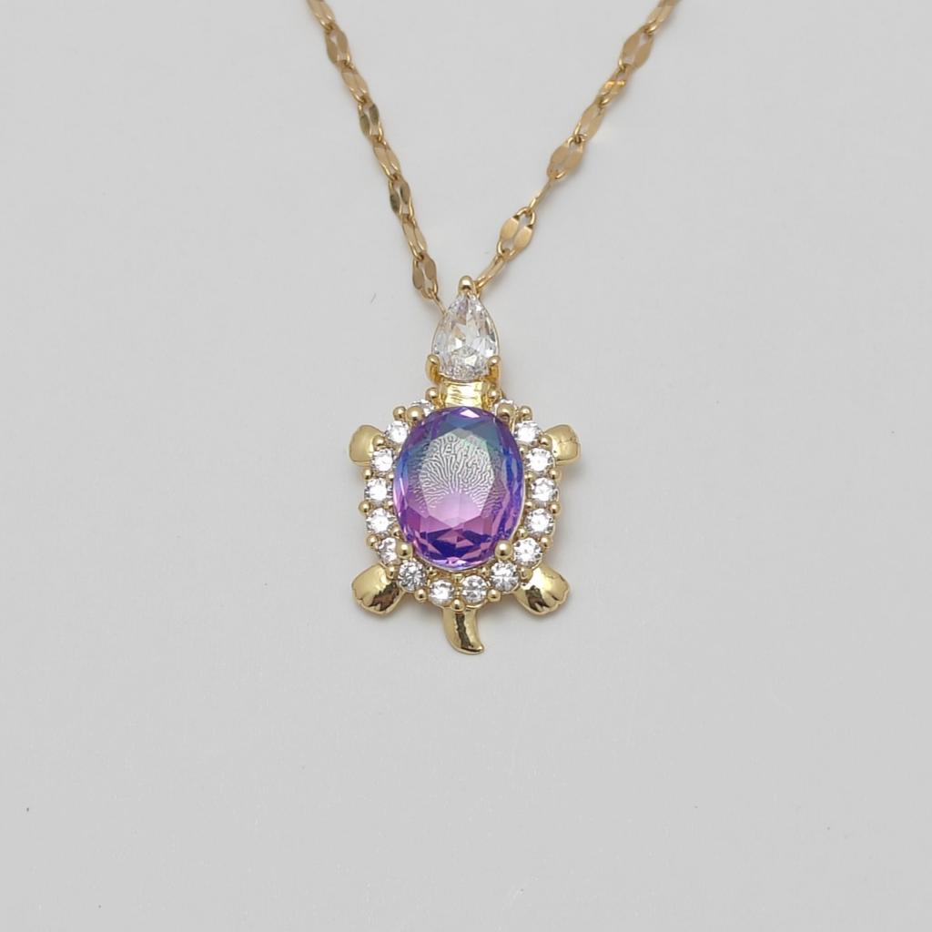 Новое модное ожерелье из титановой стали, меди, инкрустированное цветным аметистом и цирконием, с черепахой из океана, с простой цепочкой из нержавеющей стали