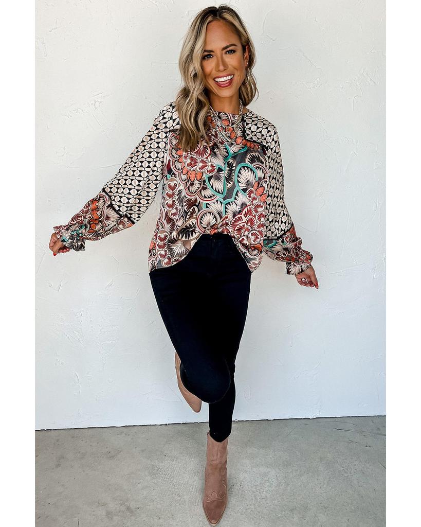 Azura Exchange Блузка с оборками и смешанным цветочным геометрическим принтом