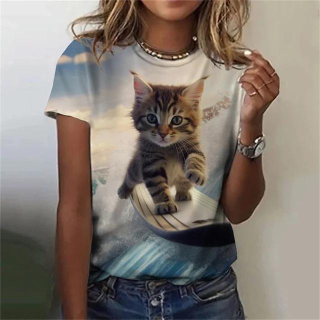 Модная женская футболка с 3D принтом Kawaii Cat Pattern, топ с короткими рукавами и круглым вырезом, летняя уличная повседневная уличная простая одежда