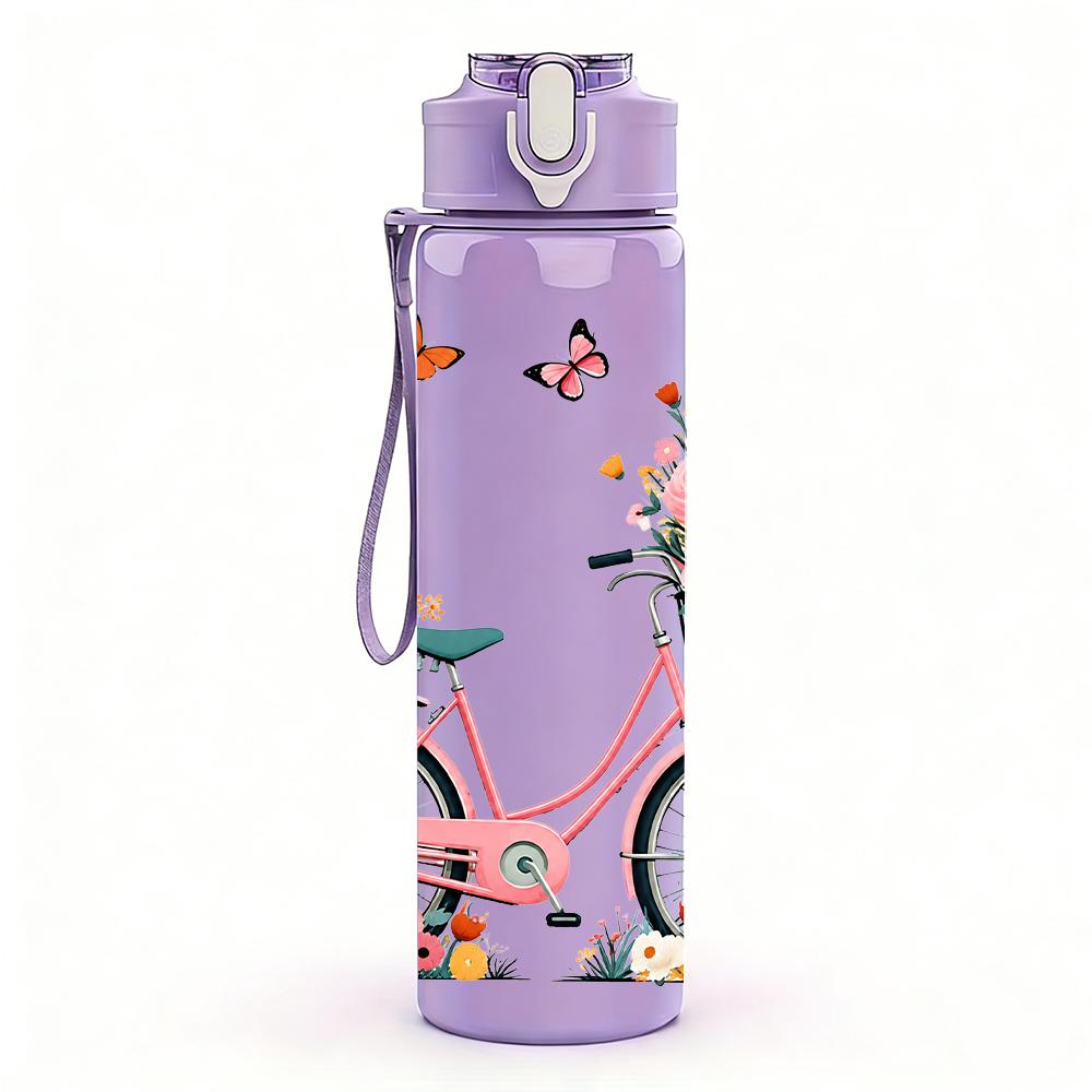1PC Floral Bike Butterfly 750ml Color Plastic Sports Water Bottle Leakproof Flip Straw Lid Suitable for Sports Office Home Use
