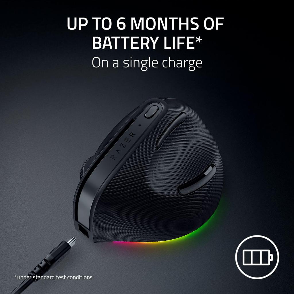 Razer Pro Click V2 Вертикальная беспроводная эргономичная конструкция Подсказка ИИ Совместимость с Windows и Mac Подключение через или проводной режим USB C Chroma RGB Мышь 6 кнопок