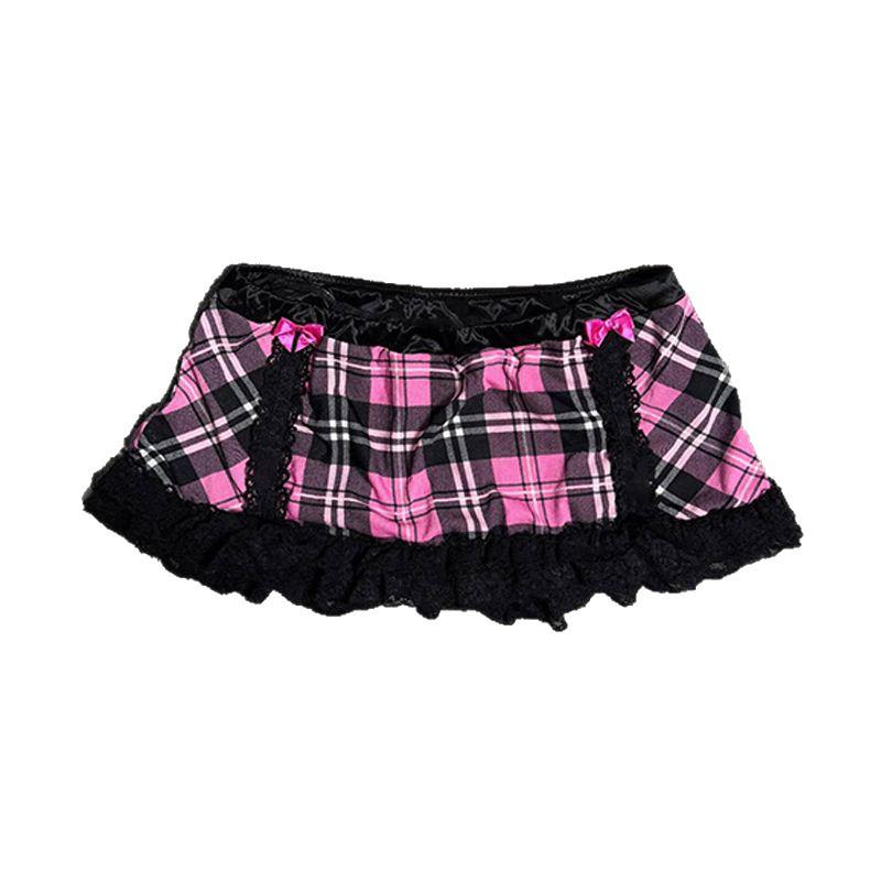 Короткая юбка в темно-розовую и черную клетку с кружевной оборкой по подолу - Универсальная вещь в стиле 'Hot Girl Street Style'
