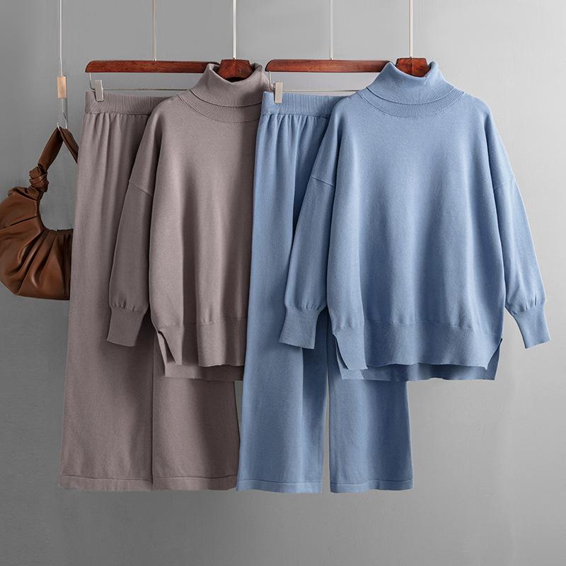 Autumn and Winter Women's Knitted Sweater Set High Neck Solid Color Slit Sweater Loose Casual Long Sleeve Tops Long PantsTwo Piece Set