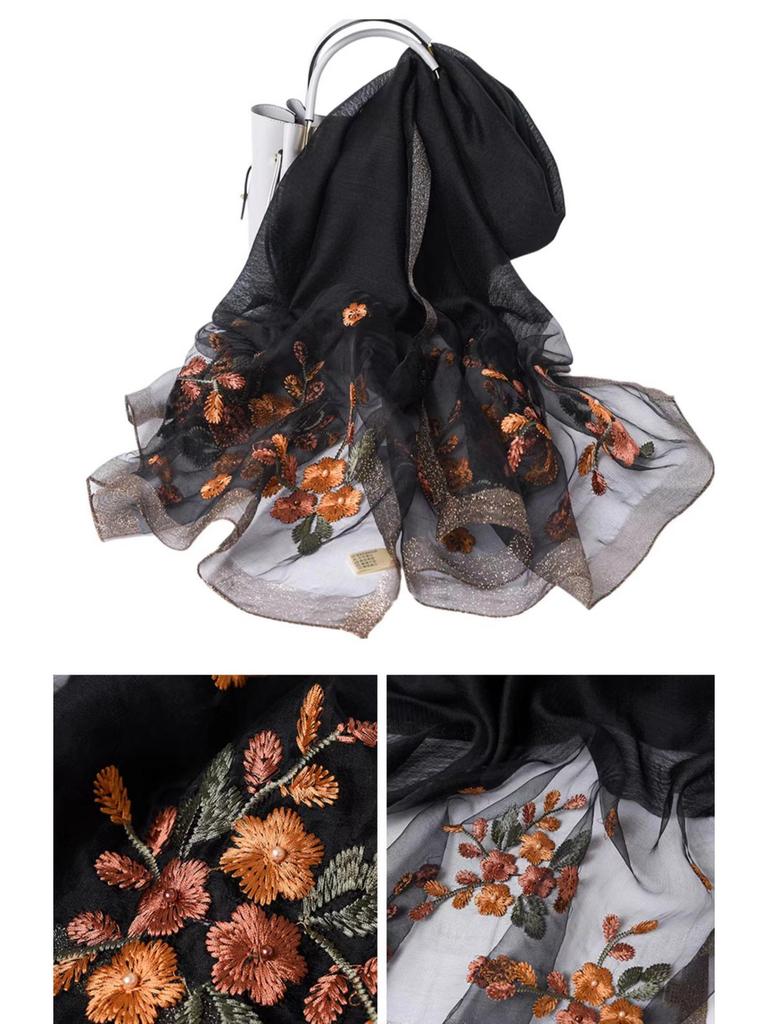 Luxury Wool Blend Silk Scarf: High-End Embroidered Begonia Design Shawl for Women