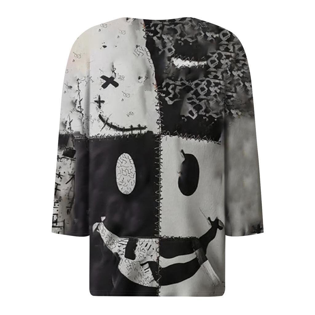 Women's Fashion Button-Up V-Neck Three-Quarter Sleeve Halloween Print Top