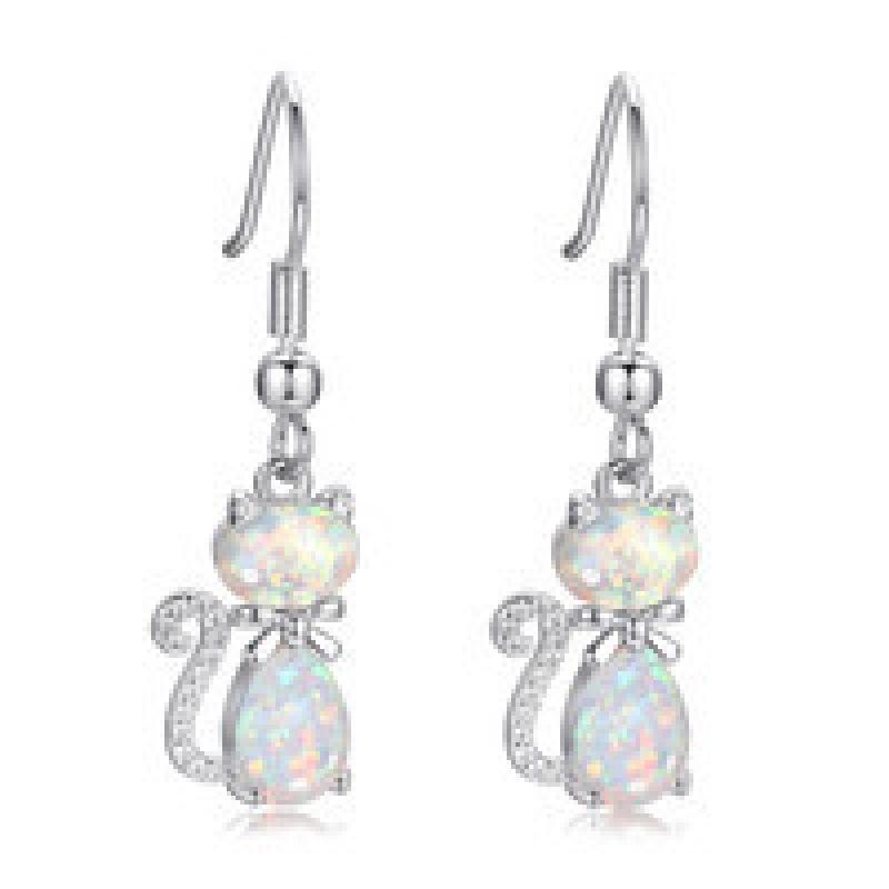 Wish White Gold Rose Gold Blue and White Opal White Diamond Cat Bow Earrings Versatile Ear Hook