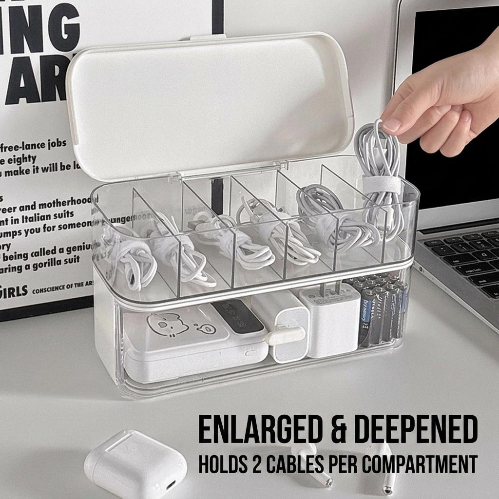 Double Layer Transparent Cable Organizer Box PP Material Dustproof Data Cable Storage Container for Desktop Office Home Dorm