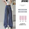 Темно-синие клетчатые брюки женские летние тонкие маленькие свободные ленивый стиль с высокой талией широкие брюки драпирующиеся прямые повседневные брюки