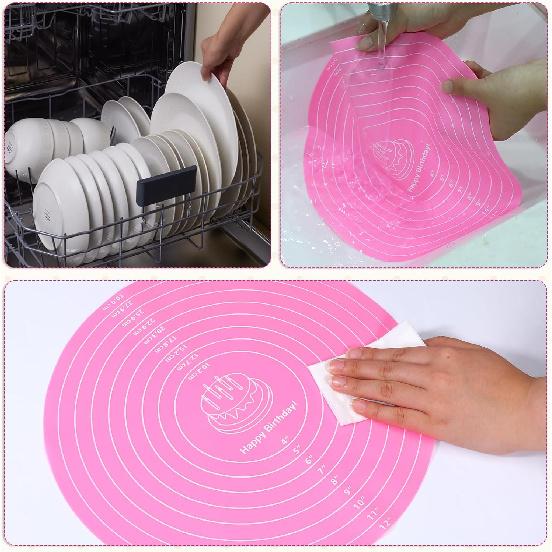 2 PCS 12 Inch Silicone Cake Mat, Pink Round Baking Mat with Measurements Reble Cake Turntable Mat Non-Stick Heat Resistant Pastry Mats for Rolling