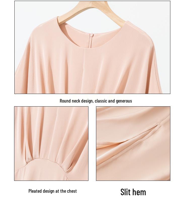 Women's Short Sleeve Real Silk Dress - Loose Fit, Solid Color, Round Neck, Long Length