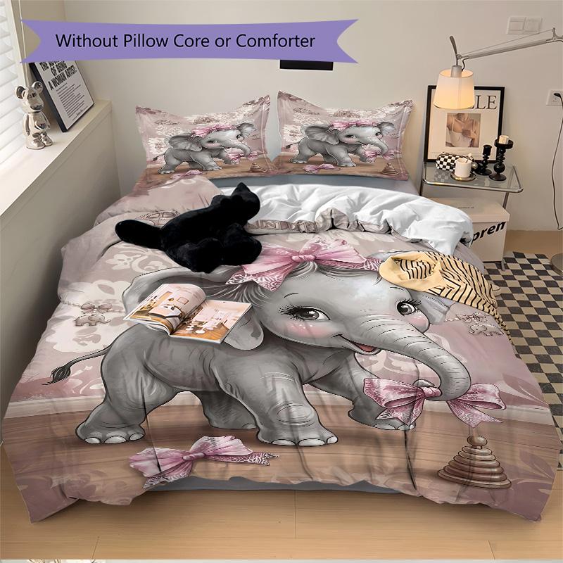 Pink Bow Elephant Playroom Print 3Pcs Bedding Setduvet Cover With 2 Bedropillowcase Home Birthday Gift