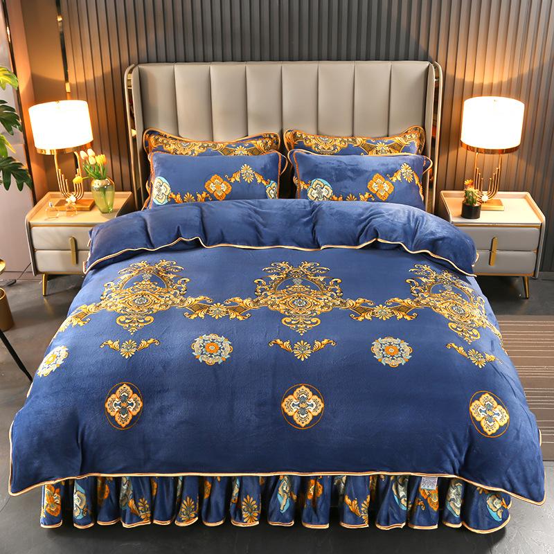 Комплект из 4 предметов плюшевого осенне-зимнего комплекта из утолщенного теплого флиса, простыни, пододеяльника с принтом, подзора для кровати, комплект для дома