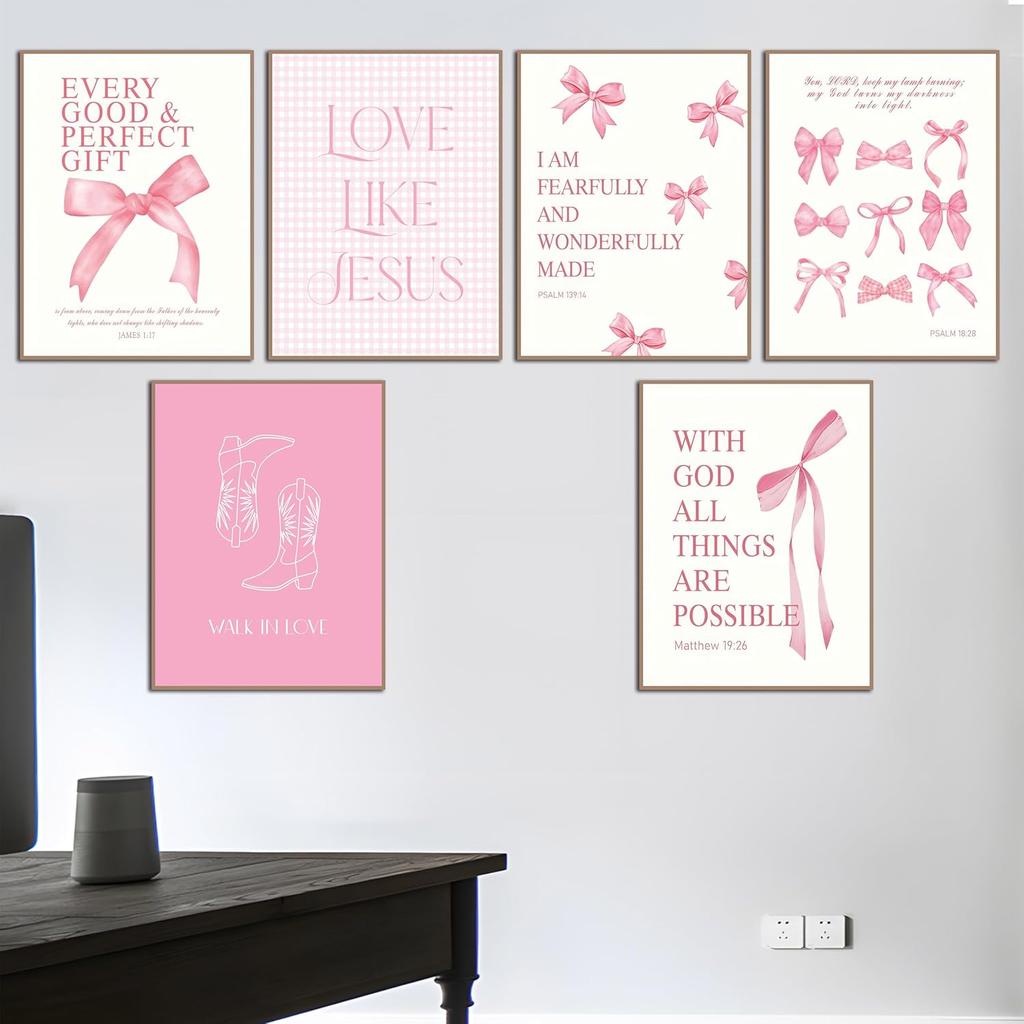 VejiA Pink Bow Wall Art Print, Decorative Poster for Girls Room, Bedroom Aesthetic Decor (Pink 8x10x6 Unframed)