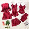Women's Silk Five-Piece Pajama Set: Spring/Autumn Nightdress & Robe with Chest Pad