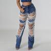 Broken Hole Heavy Industry Nail Bead Elastic Jeans Pants For Women