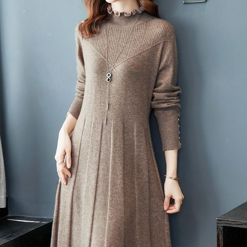 Вязаное платье средней длины Женское однотонное платье-свитер Женское осенне-зимнее платье-пуловер длиной до колена Пуловер