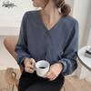 Модные простые шифоновые женские рубашки, повседневные винтажные пуговицы с длинными рукавами, женская блузка и топы с v-образным вырезом, женская одежда 22965