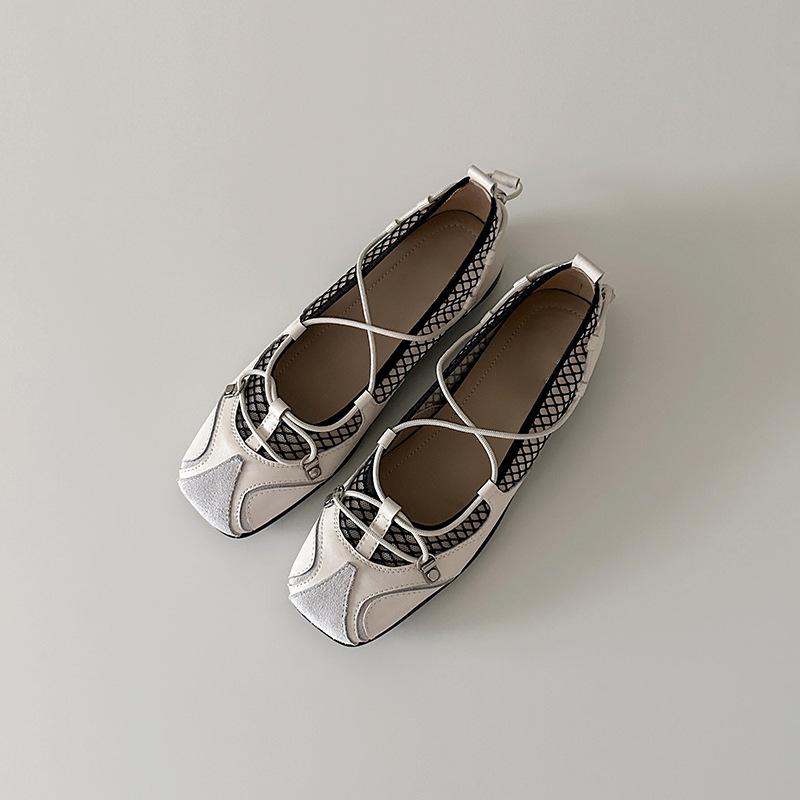 Cowhide version~ Square head retro mesh yarn functional style Mary Jane shoes versatile cross-strap ballet shoes platform casual shoes