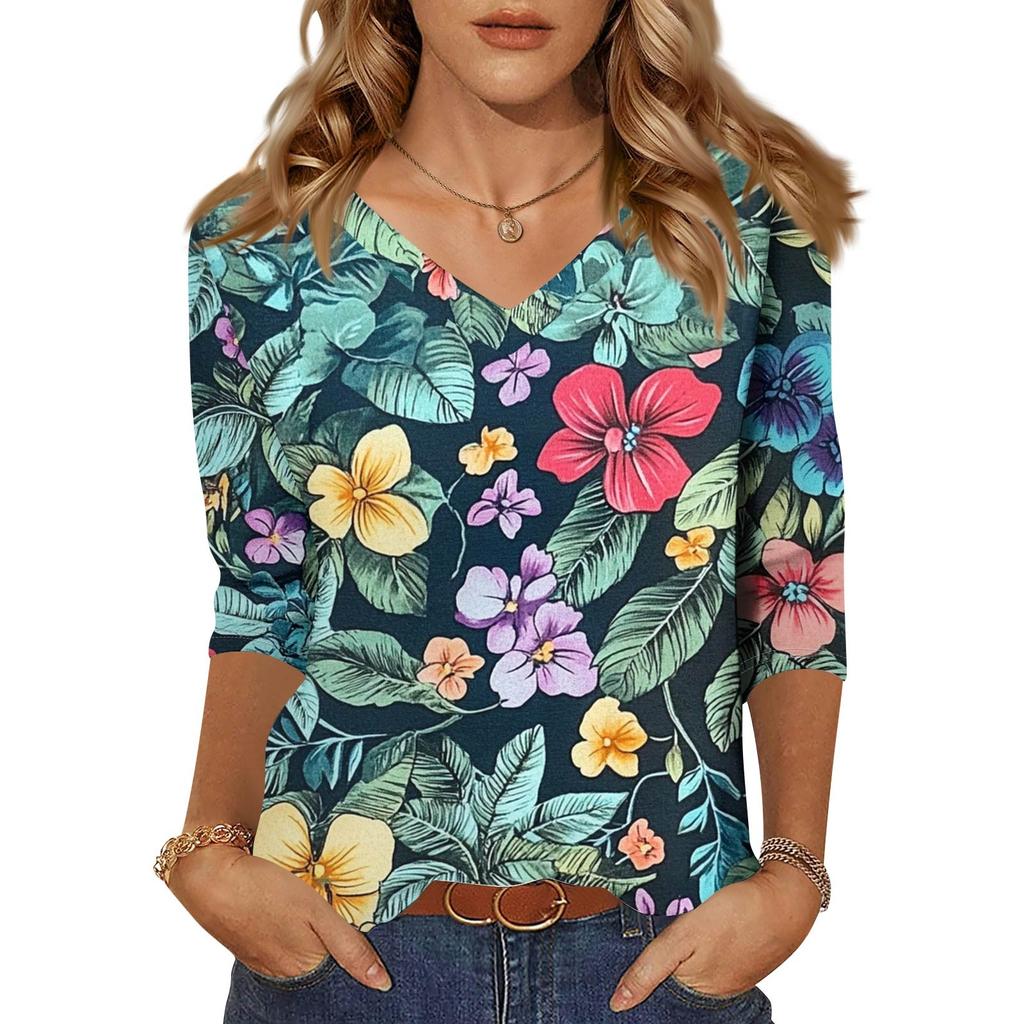 Женские топы, рубашка с рукавом три четверти, свободная повседневная рубашка с V-образным вырезом, футболка с цветочным принтом