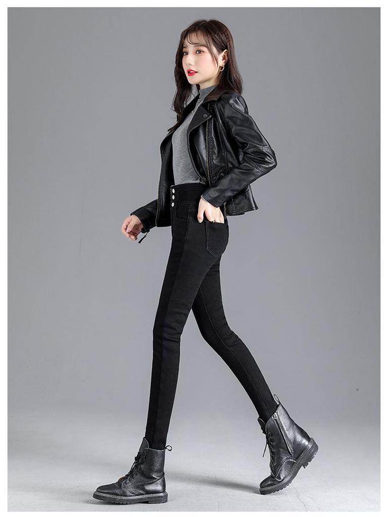 Женские джинсы-карандаш с высокой талией и флисовой подкладкой, стройнящие - Зимнее тепло