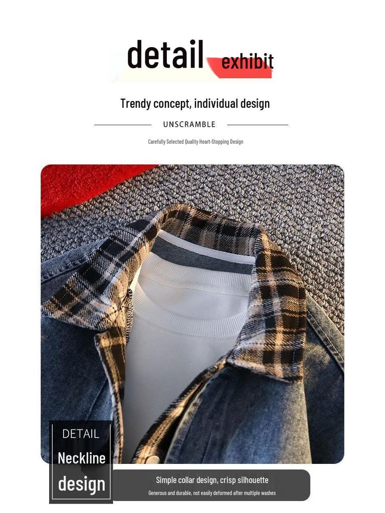 Модная мужская джинсовая куртка с клетчатыми вставками 2025 - Имитация двубортной куртки с отложным воротником для весны и осени