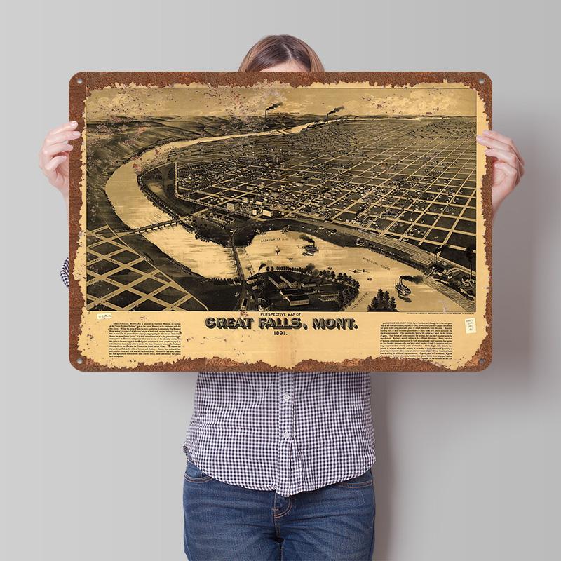 Great Falls Montana 1891 Poster Customized Wall Art Vintage Metal Signs Retro Tin Plaque for Man Cave Aesthetic Room Decor Men