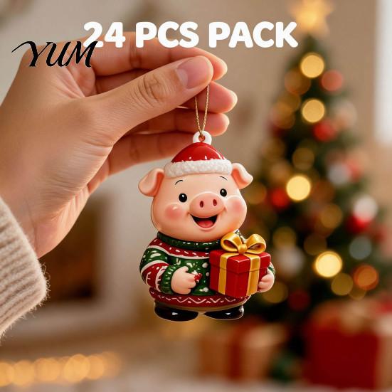 Holiday Countdown Gift Box Piggy Family Advent Calendar, 2D Flat Acrylic 24 Days Hanging Christmas Ornaments Ornaments, Decorative for Party Supplies