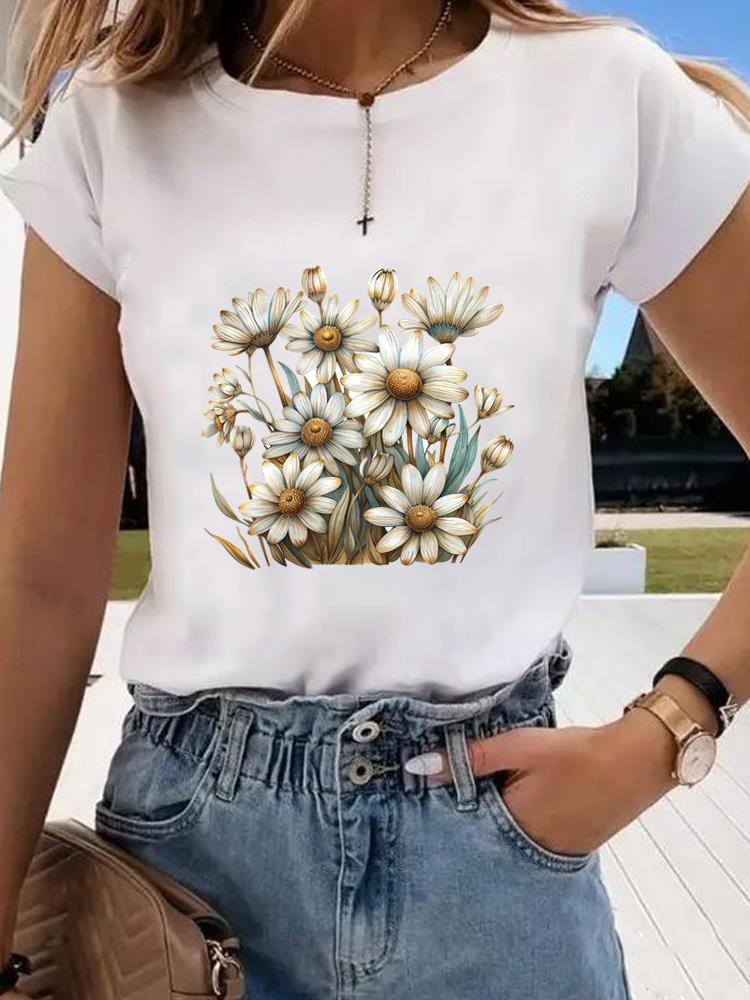 (Asian Size) Short Sleeve T-shirts Clothing Fashion Print T Female Travel Flower Casual Women's Top Graphic Tee