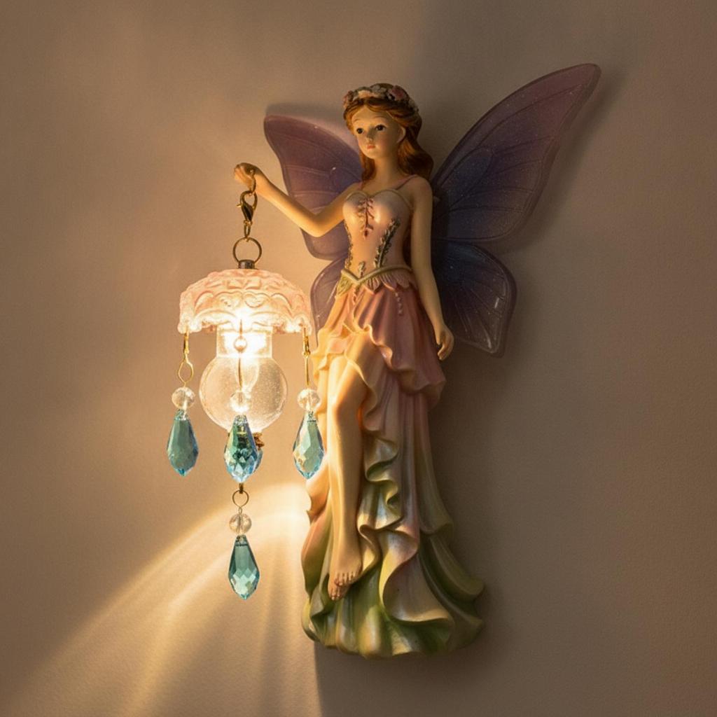 Fairy Wall Lamp Carved Figurine with Lantern Subdued Lighting Decor for