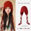 Women's Handmade Knitted Wool Hat with Tassels and Pom Poms - Large Head Circumference, Warm for Autumn and Winter.