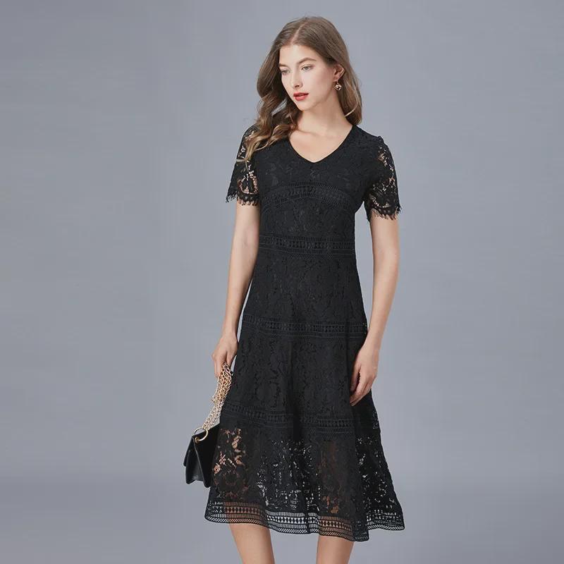Платье А-силуэта с V-образным вырезом и кружевом, европейский стиль, летняя мода, размер плюс, юбка средней длины, подходит для веса до 200 фунтов