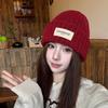 Korean Letter Patch Knitted Woolen Hat Autumn and Winter Warm Curled Edge Woolen Hat Large Head Circumference Loose Knitted Hat