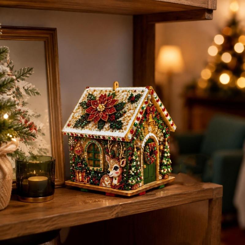 Christmas Art House Project, 1 Set with Raised Holiday Artwork and a Flat Base for Table, Cabinet, or Window Display