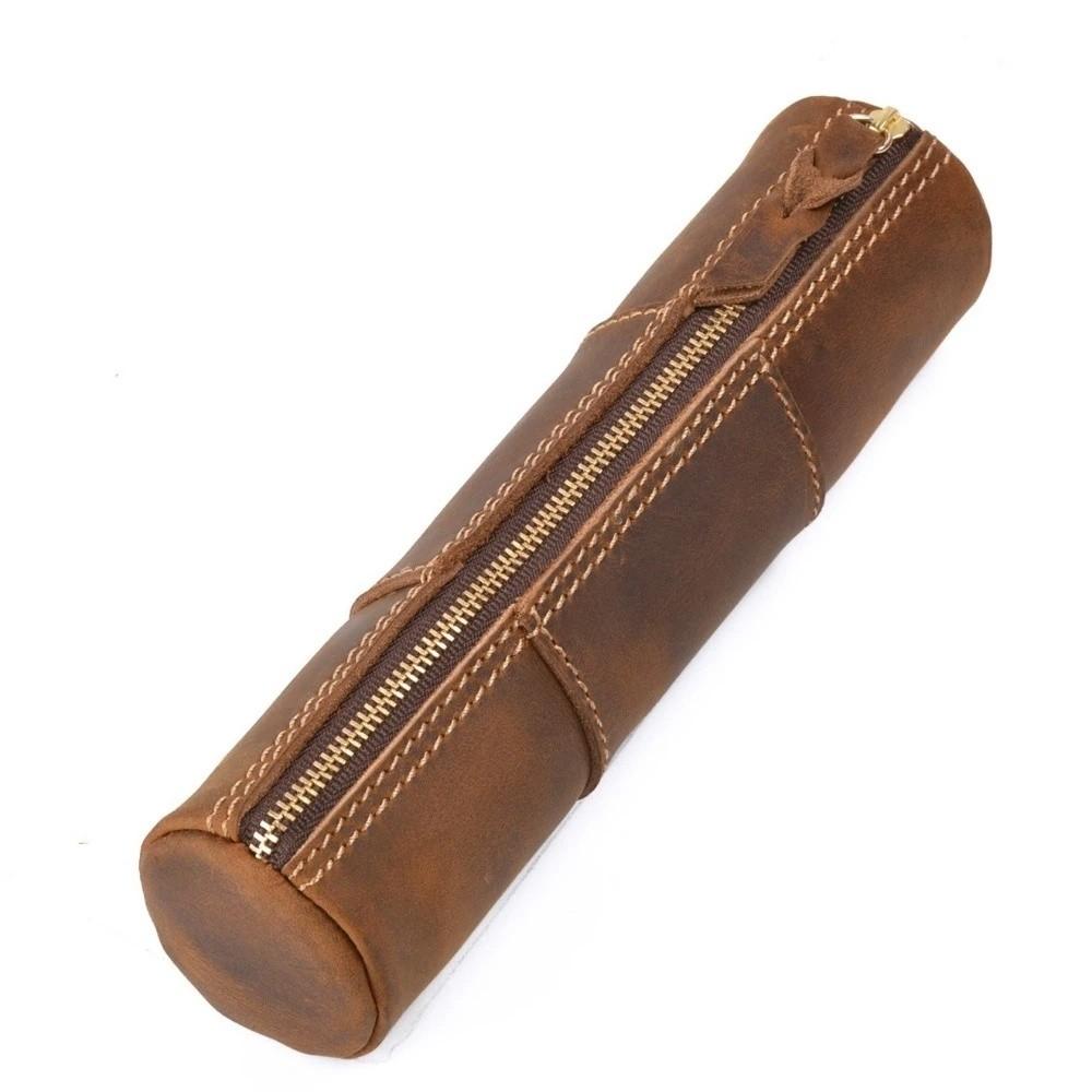 Genuine Cowhide Leather Pencil Case Retro Zipper Pencil Holder Storage Pouch Stationery Storage