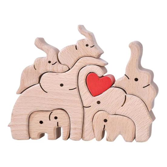Wooden Elephant Family Puzzle Ornament Love Heart Mother Father Baby Elephant Jigsaw Table Sign Home Office Desktop Decoration