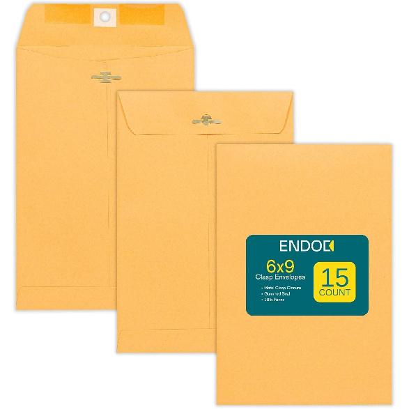 EnDoc Clasp Envelopes 10x13 Inch -15 Pack Brown Kraft Catalog Envelope with Clasp Closure & Gummed Seal – 28lb Heavyweight Envelopes for Home,