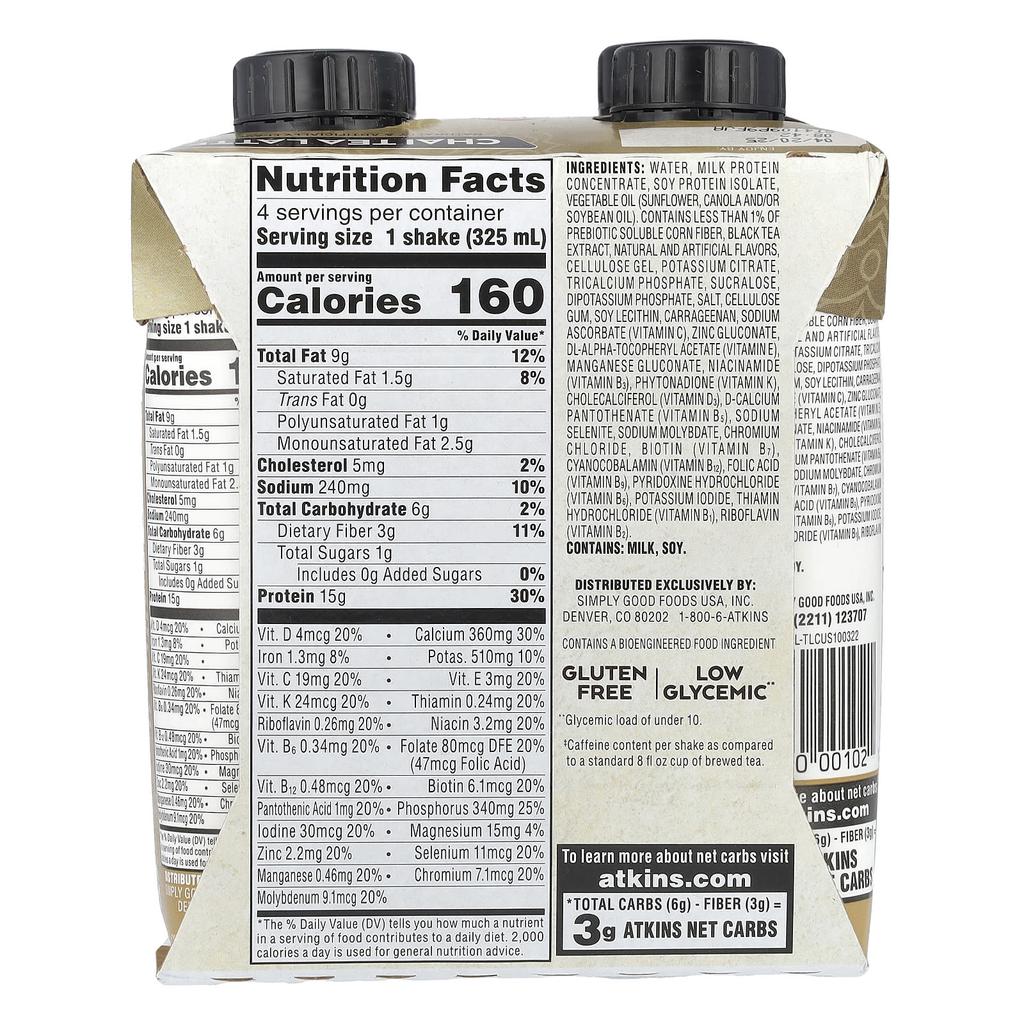 Atkins Iced Tea Latte Protein Shake, Chai, 4 Shakes, 11 Fl Oz (325 Ml) Each