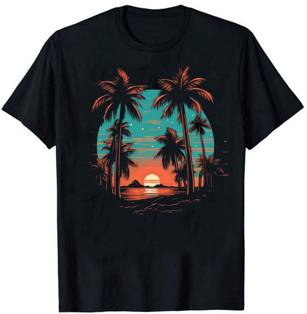 Palm Tree Tropical Beach Retro Style T-Shirt Size S-5XL
