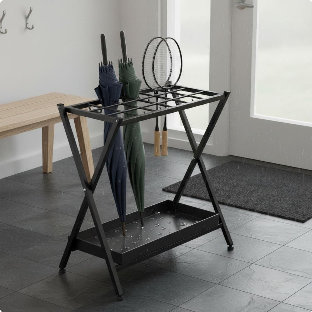 Foldable Badminton Racket Stand Stable Frame Entryway Sports Gear Organizer X-Shaped Stand Storage Rack Easy to Clean