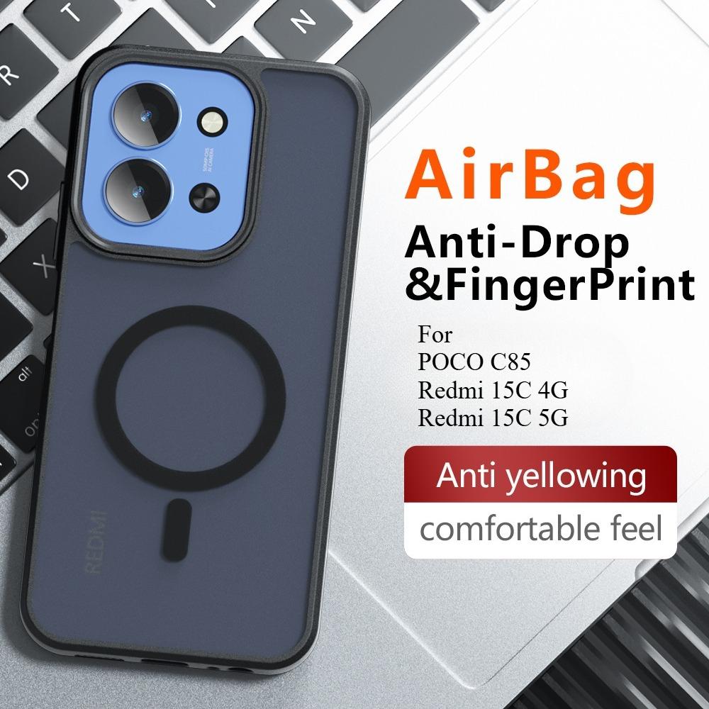 For POCO C85 Wireless Charging Magnetic Acrylic Matte Case For Redmi 15C 4G 5G Shockproof Transparent Cover Hard Bumper
