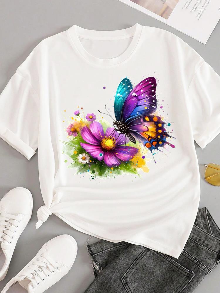 (Asian Size) Sweet Flower Feather Short Sleeve T-shirts Women's Top T Female Print Fashion O-neck Casual Clothing Graphic Tee