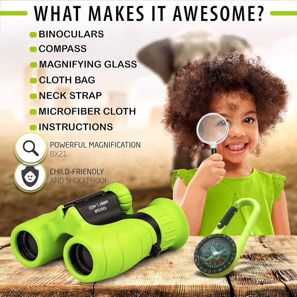 8X Binoculars for Kids Magnifying Glass & Compass Set Telescope Toy for Baby Boys & Girls Kids Binoculars Gifts for Boys Girls