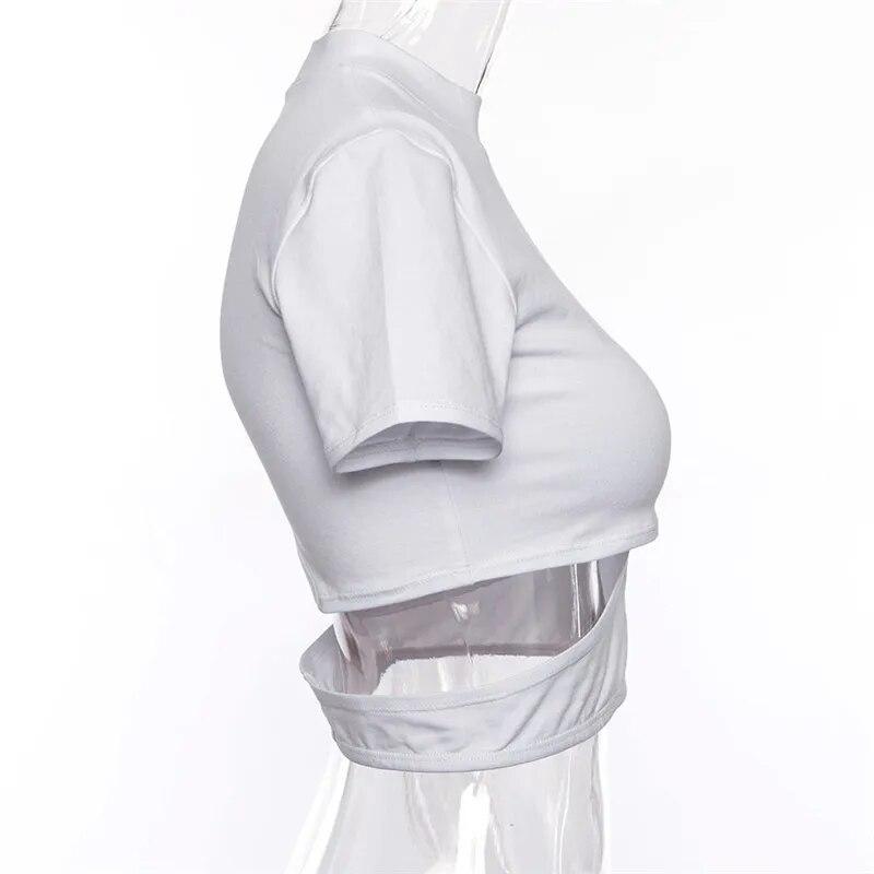 European and American Style Spicy Girl Spring and Summer Round Neck Short Sleeved Sexy Hollow Out T-shirt Women's Short Open Waist Top