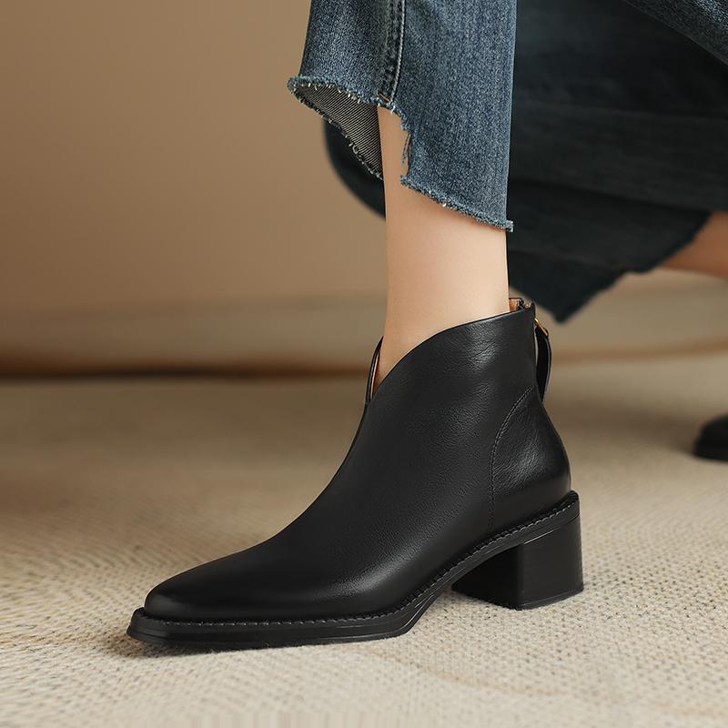2024 Новые зрелые офисные женские короткие ботинки для женщин осень-зима из натуральной кожи на высоком каблуке с молнией сзади, рабочая обувь для женщин, базовая модель