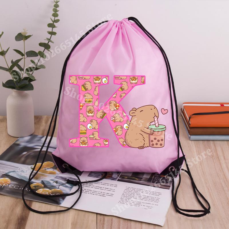Capibara Girls Drawstring Backpack Cute Capybara Letter A-Z Storage Bag Kids Outdoor Sport Travel Rucksack Children Gifts