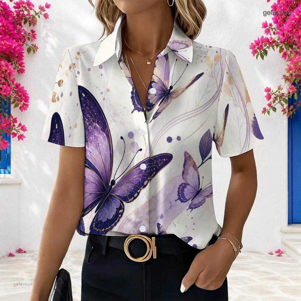Women Plus Size White Butterfly Print Collared Short Sleeve Button Front Shirt