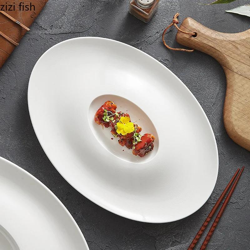 Dumpling Plate with Vinegar Dish Oval Ceramic Dinner Plate Soup Plates Dessert Bowl Sashimi Plates Fruit Dish Dim Sum Dish Tray