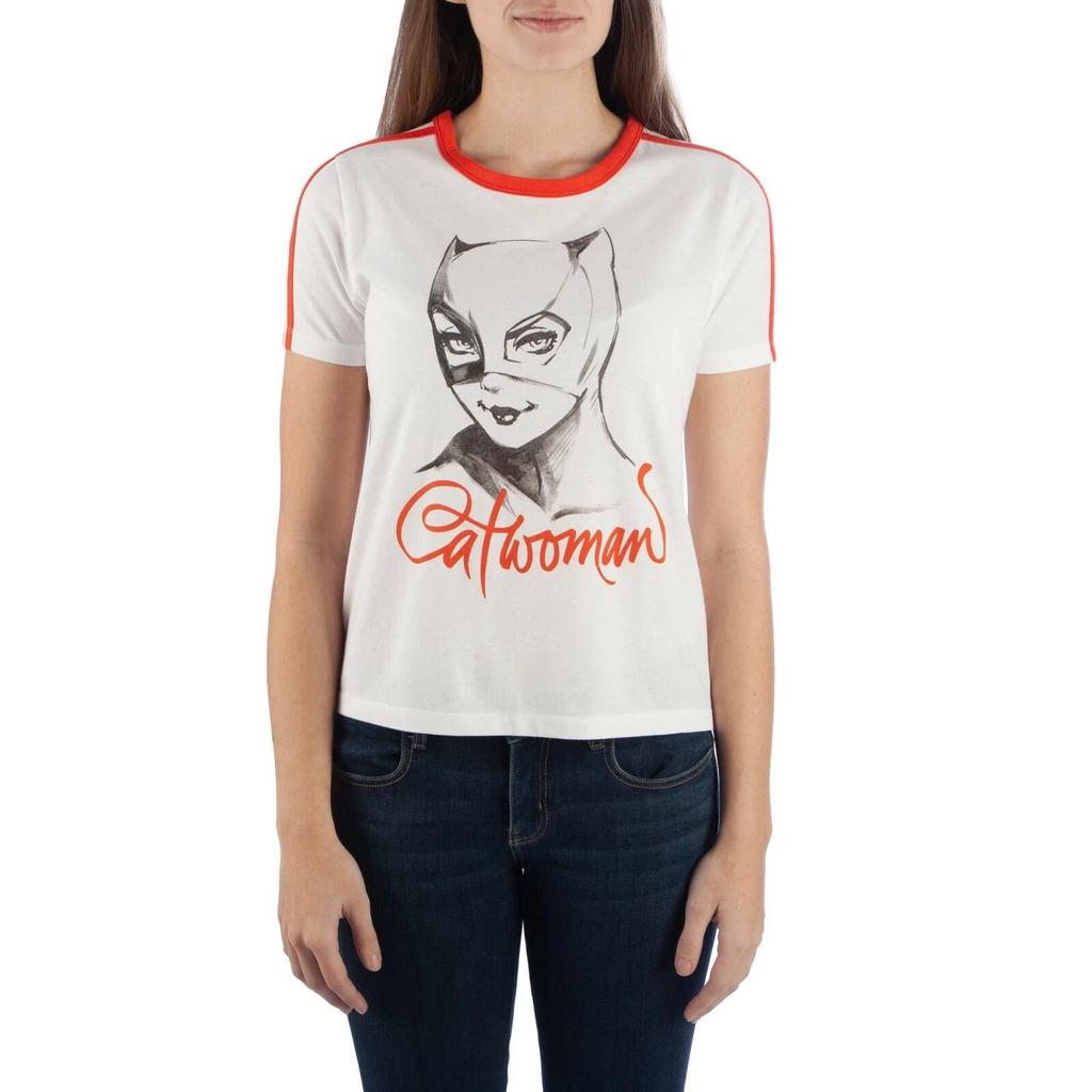 DC Comics Juniors Catwoman Striped Short-Sleeve Ringer T-Shirt NWT M, L, XL, 2XL