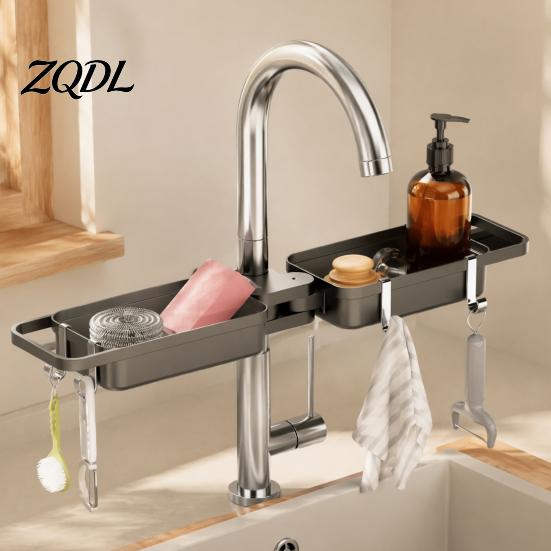 Kitchen Cleaning Tool Holder Faucet Double Storage Rack, Adjustable Partitioned Space Saving No Drill Sink Organizer Drain Sponge Holder, Quick